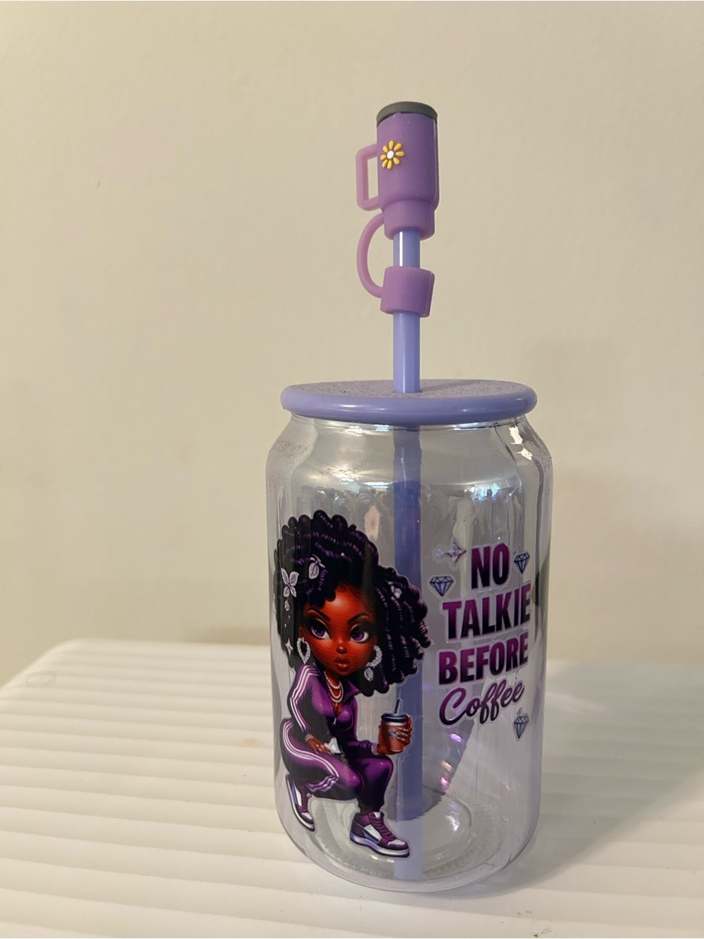 Purple 'No Talkie Before Coffee” with Straw and topper glass tumbler